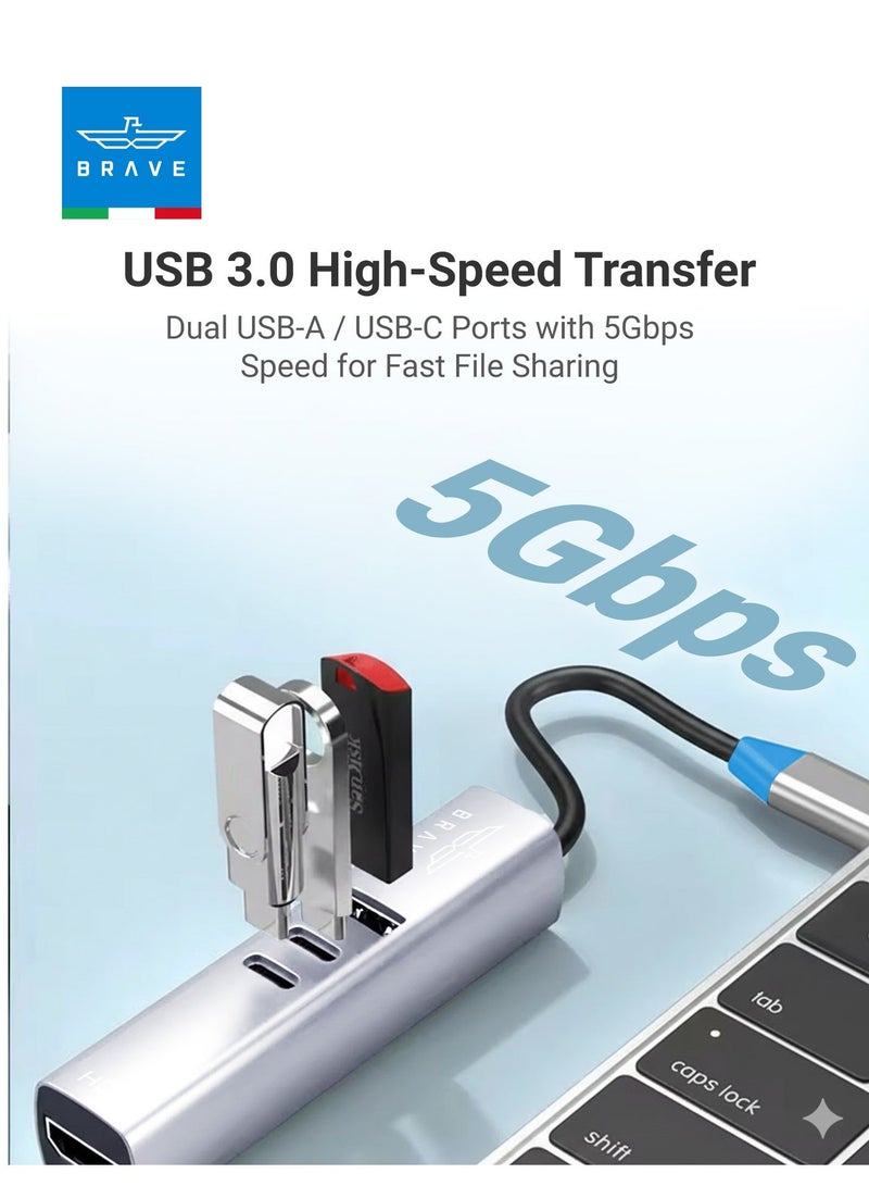 بريف محور USB C متعدد المنافذ ٧ في ١ – HDMI بدقة ٤K، شحن سريع PD بقوة ١٠٠ واط، USB 3.0، منفذي USB-C، قارئ بطاقات SD وMicroSD – محطة إرساء من الألمنيوم Type-C لماك بوك برو/آير، آيباد برو، ديل، إتش بي، لينوفو، سيرفيس وجميع أجهزة اللابتوب المزودة بـ USB-C - Image 4